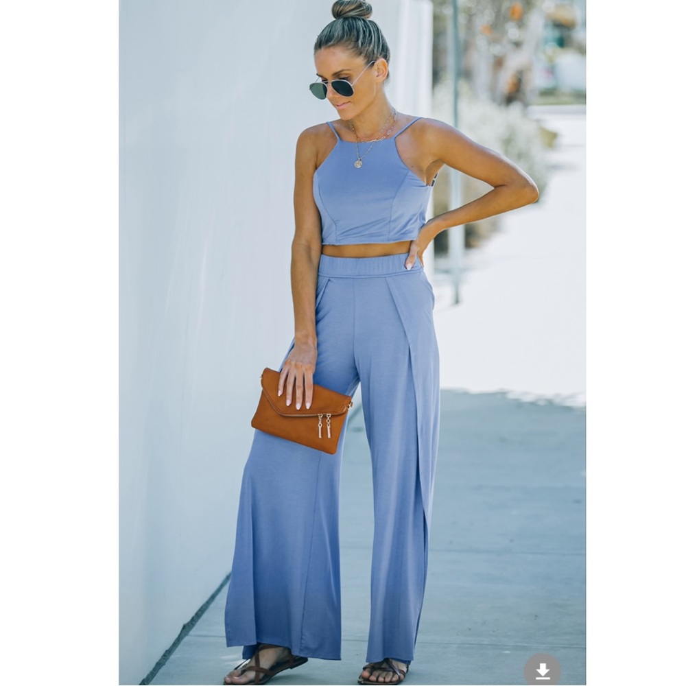 Cropped tie back cami and split pants set